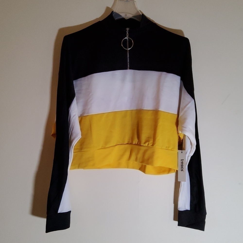Tresics Black White & Yellow Cropped Long Sleeve Top Size S NWT